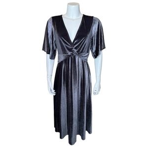 ASOS Velvet Midi Dress 6 Twist-Front Flutter Sleeve Pleated Gray